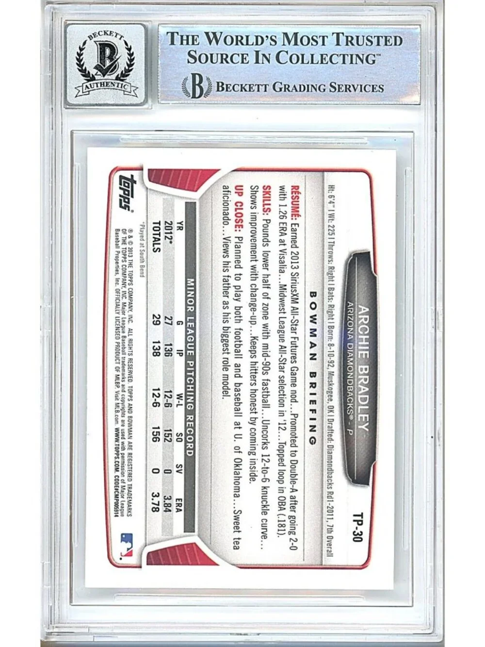 Archie Bradley Signed 2013 Bowman Draft #TP30 Rookie Card Beckett BAS Auto 10